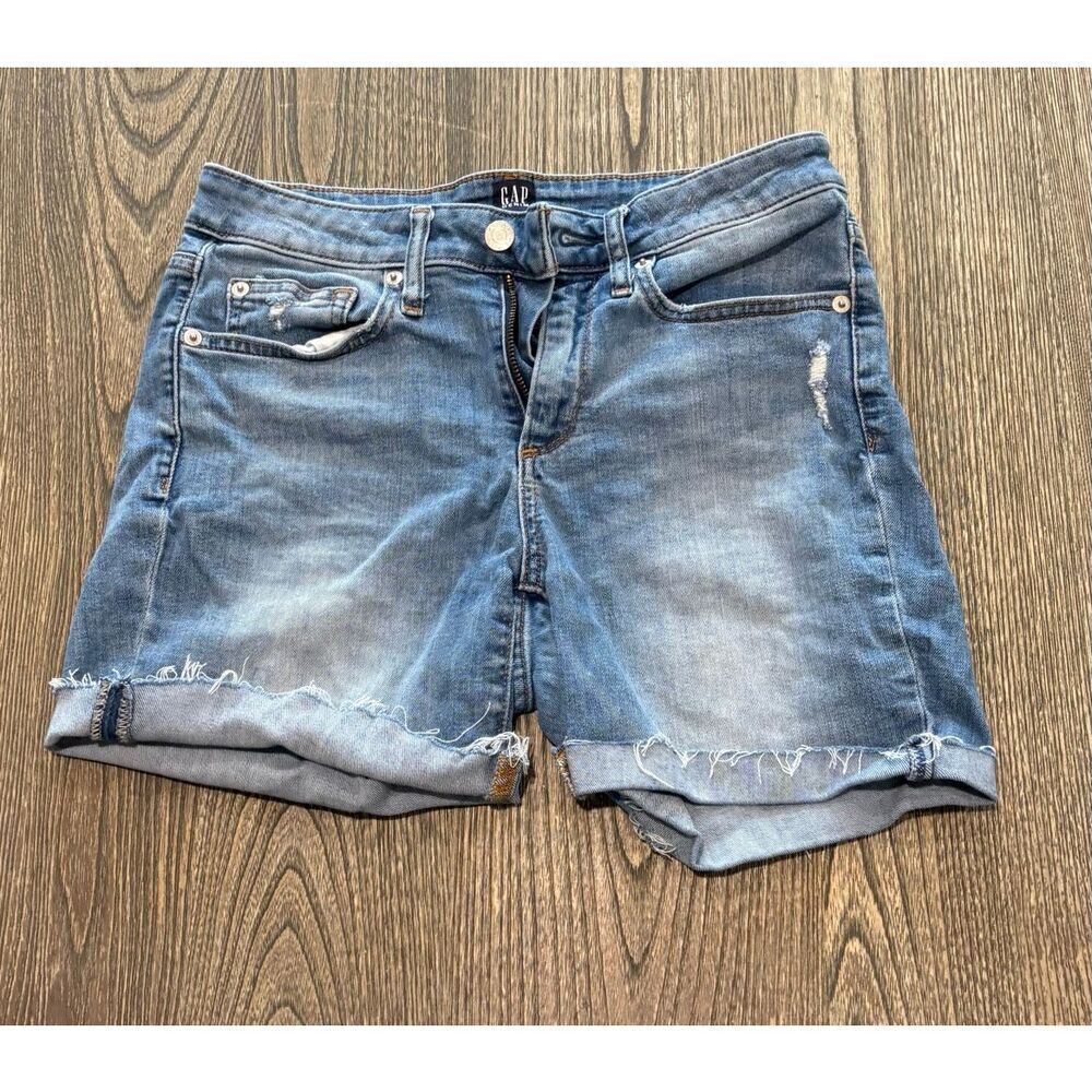 Gap Denim Curvy True Skinny Shorts Mid Rise Cut-Out Medium Wash Blue Size 28R